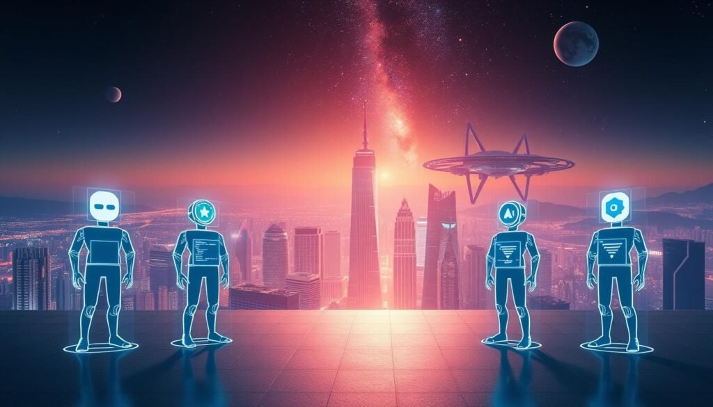 A futuristic scene showcasing the top 5 AI coding assistants of 2025, set against a sleek, minimalist backdrop. In the foreground, the AI assistants are depicted as clean, abstract figures with geometric shapes and holographic interfaces, each representing a different programming language or domain. The middle ground features a panoramic cityscape of gleaming skyscrapers and advanced technology, bathed in a warm, vibrant lighting. In the background, a starry night sky with a futuristic space station or orbital habitat adds a sense of awe and wonder. The overall mood is one of technological sophistication, innovation, and the seamless integration of AI into the everyday coding workflow.