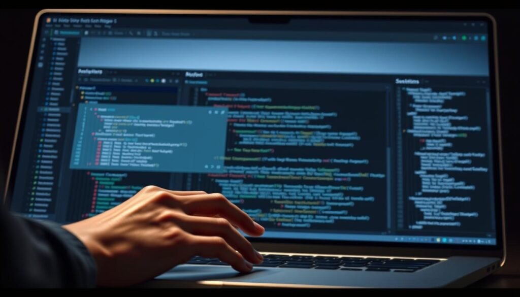 A sleek, modern IDE interface with seamless AI coding assistant integration. In the foreground, a developer's hands typing code, with a floating AI companion window displaying context-aware suggestions and insights. The middle ground features a minimalist UI layout with clean lines and a dark, high-contrast color scheme. The background subtly depicts a cityscape or technology-inspired landscape, evoking a sense of innovation and progress. Soft, directional lighting creates depth and highlights the key elements, while a slightly cinematic camera angle adds drama to the scene. The overall mood is one of efficiency, collaboration, and the future of software development.