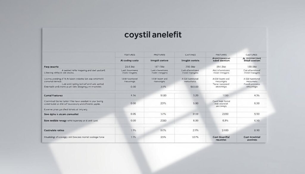 An intricately detailed cost-benefit analysis chart, rendered in a sleek, data-driven style. The chart displays various AI coding tools, their features, pros, cons, and corresponding cost-benefit ratios, all presented against a clean, minimalist backdrop. Soft, directional lighting casts subtle shadows, creating depth and emphasizing the precision of the data visualizations. The overall composition conveys a sense of informed decision-making, where technology and pragmatism converge to guide the user's choices.